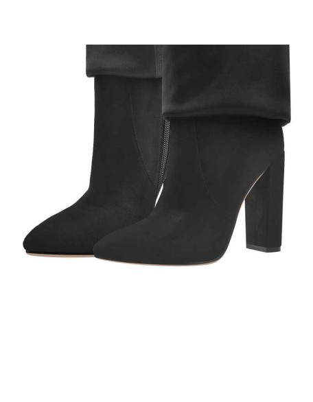 Black Suede Pointed Toe Zipper High Heel Fold Over Boots
