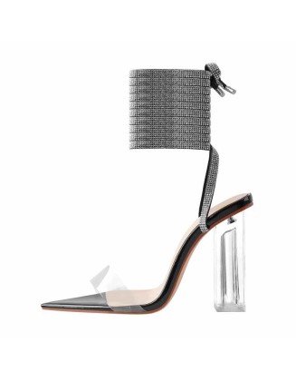 Black Rhinestone Strap Clear Chunky High Heel Transparent Sandals
