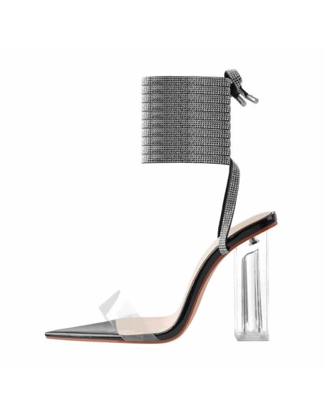Black Rhinestone Strap Clear Chunky High Heel Transparent Sandals
