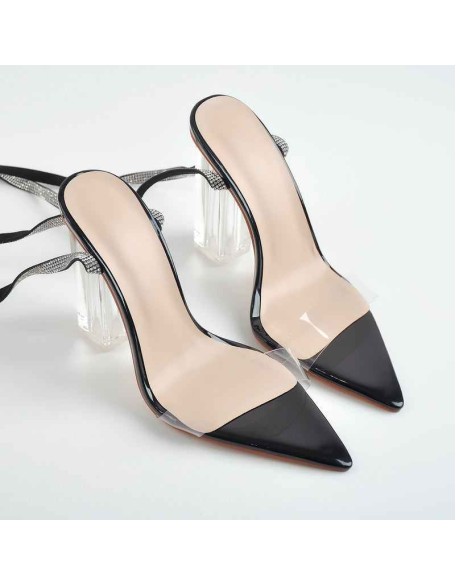 Black Rhinestone Strap Clear Chunky High Heel Transparent Sandals