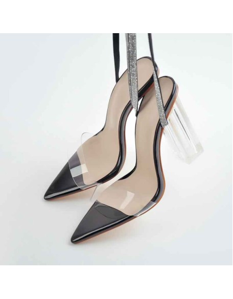 Black Rhinestone Strap Clear Chunky High Heel Transparent Sandals