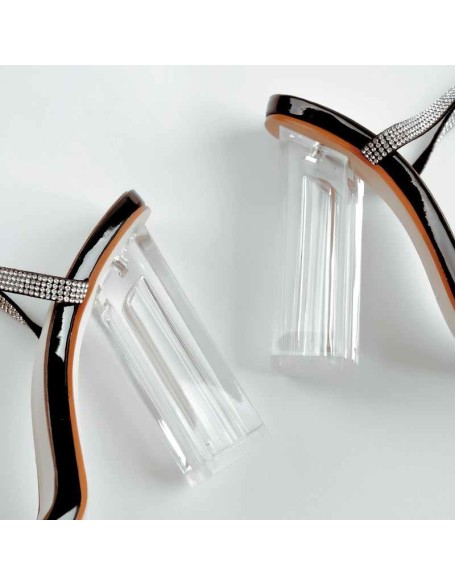 Black Rhinestone Strap Clear Chunky High Heel Transparent Sandals