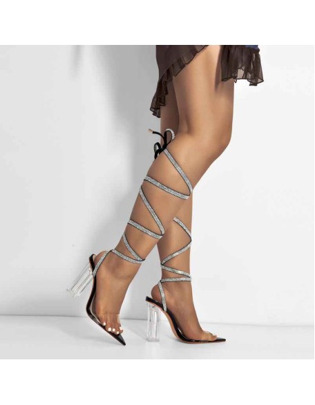 Black Rhinestone Strap Clear Chunky High Heel Transparent Sandals
