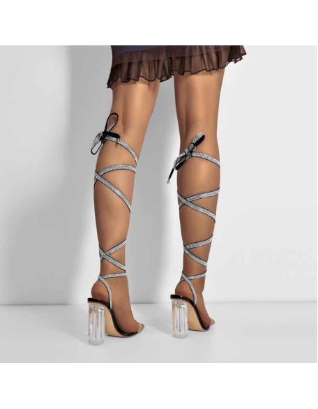 Black Rhinestone Strap Clear Chunky High Heel Transparent Sandals