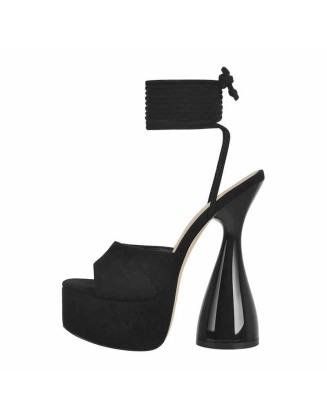Black Cross Platform Lace Up Sandals