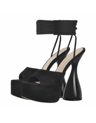 Black Cross Platform Lace Up Sandals