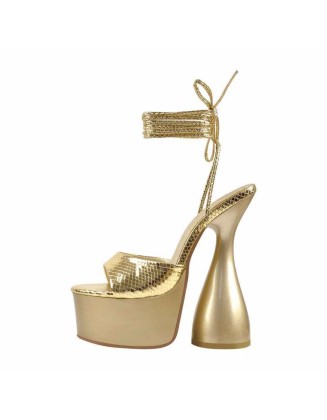 Gold Platform Lace Up Cross Sandals