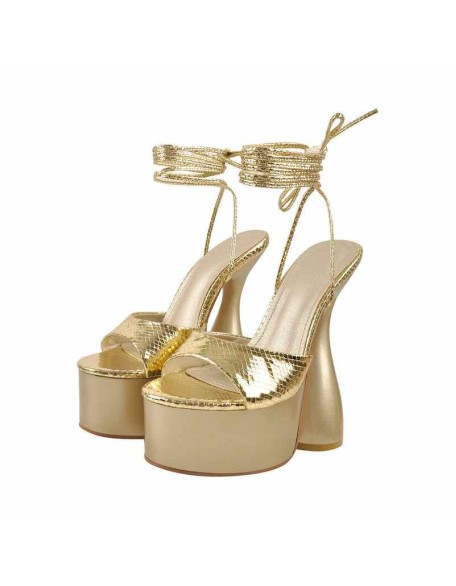Gold Platform Lace Up Cross Sandals