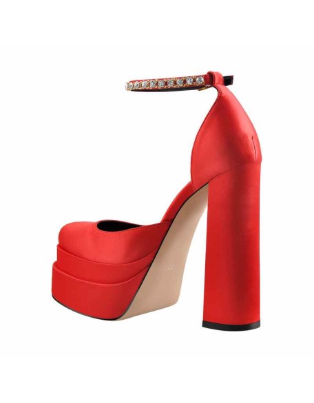 Red Rhinestone Double Platform Ankle Rhinestone Strap Chunky Heel Pumps