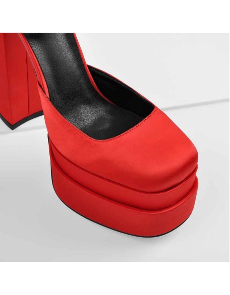 Red Rhinestone Double Platform Ankle Rhinestone Strap Chunky Heel Pumps