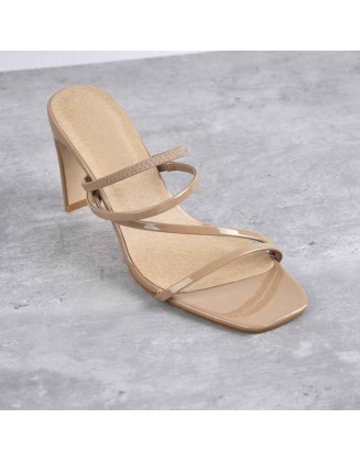 Sandy Beige Square Toe Heel Sandals Mules