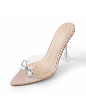 Clear Black Satin Pointed Toe Bow Tapered Heel Sandals Mules