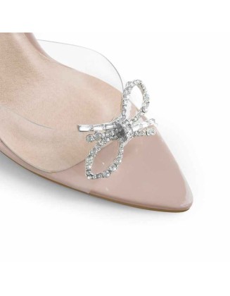 Clear Black Satin Pointed Toe Bow Tapered Heel Sandals Mules