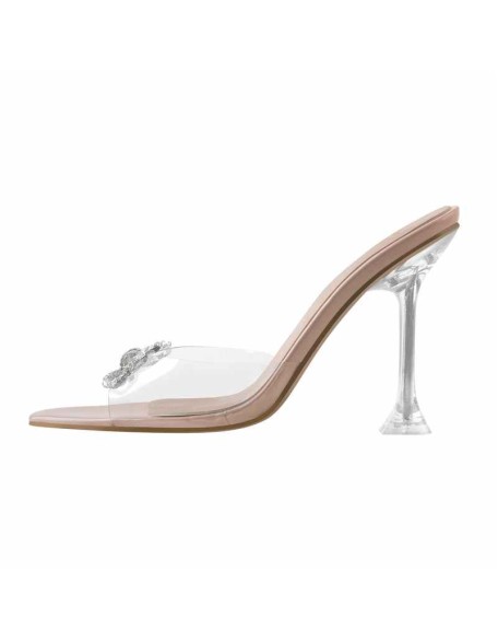 Clear Black Satin Pointed Toe Bow Tapered Heel Sandals Mules