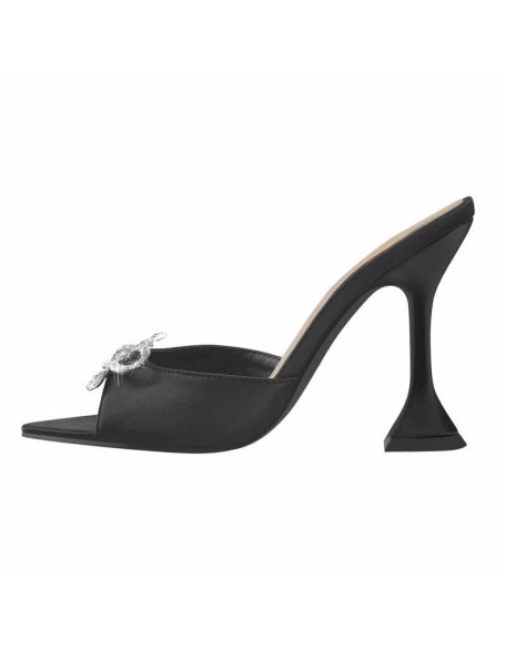 Clear Black Satin Pointed Toe Bow Tapered Heel Sandals Mules