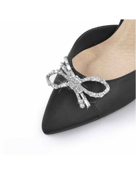 Clear Black Satin Pointed Toe Bow Tapered Heel Sandals Mules