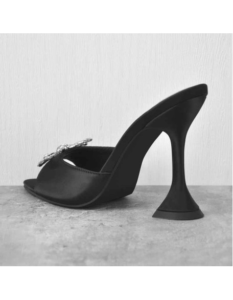 Clear Black Satin Pointed Toe Bow Tapered Heel Sandals Mules