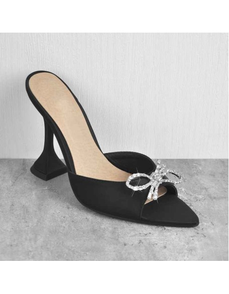 Clear Black Satin Pointed Toe Bow Tapered Heel Sandals Mules