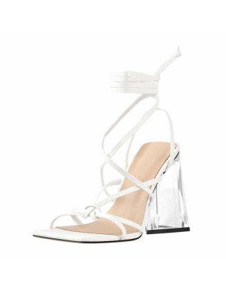 Gladiator Square Toe Lace Up Chunky Heel Sandals