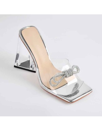 Square Toe Clear Band Diamante Bow Sandals
