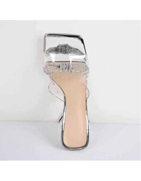 Square Toe Clear Band Diamante Bow Sandals