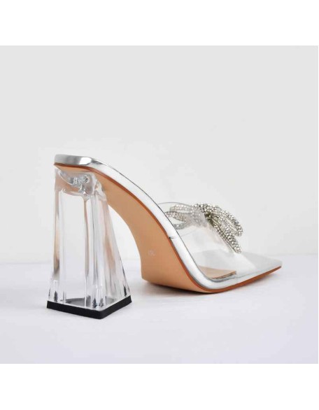 Square Toe Clear Band Diamante Bow Sandals