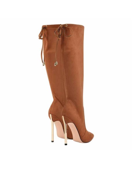Pointed Toe Zipper Lace Up Stiletto Knee High Boots