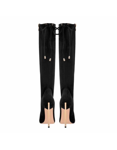 Pointed Toe Zipper Lace Up Stiletto Knee High Boots