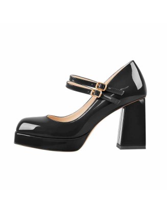 Square Toe Platform Double Buckle Strap Pumps