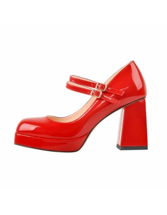 Square Toe Platform Double Buckle Strap Pumps