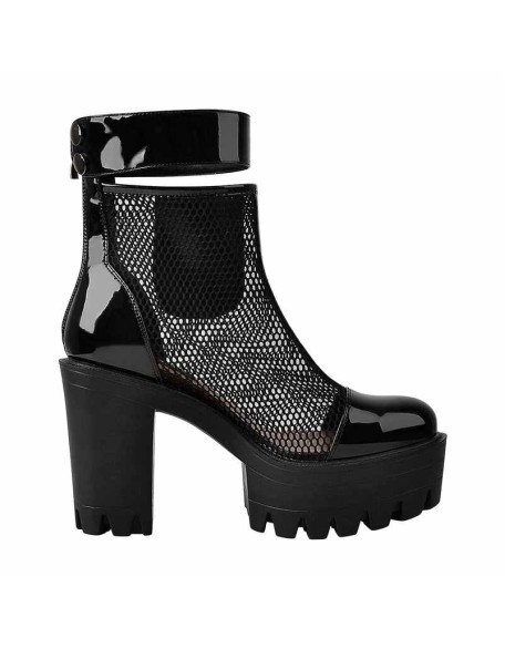 Black Platform Mesh Pocket Ankle Strap Boots