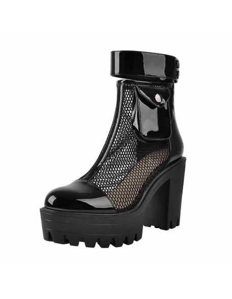 Black Platform Mesh Pocket Ankle Strap Boots