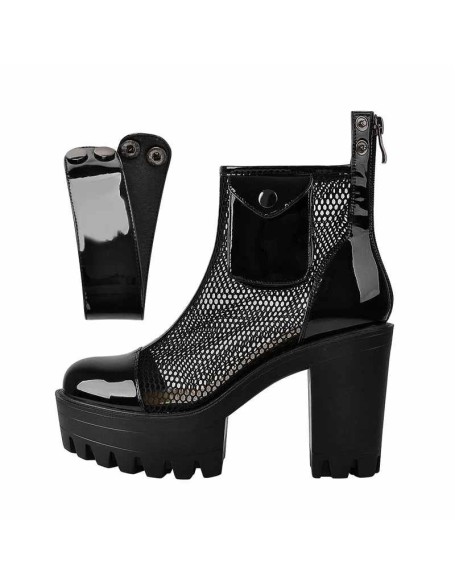 Black Platform Mesh Pocket Ankle Strap Boots