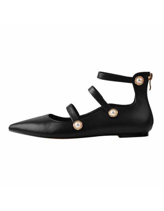 Pointed Toe Pearl Strap Zipper Flat Pumps
