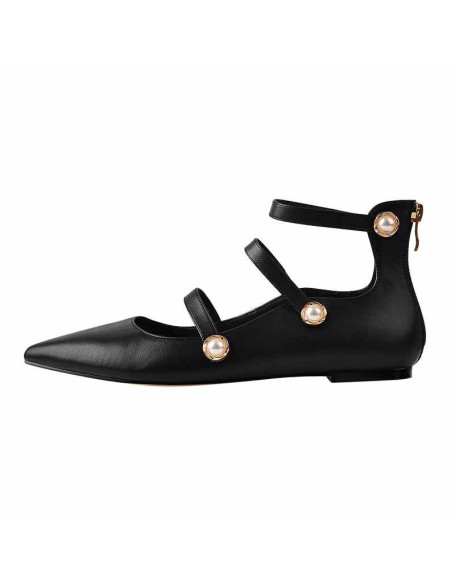Pointed Toe Pearl Strap Zipper Flat Pumps
