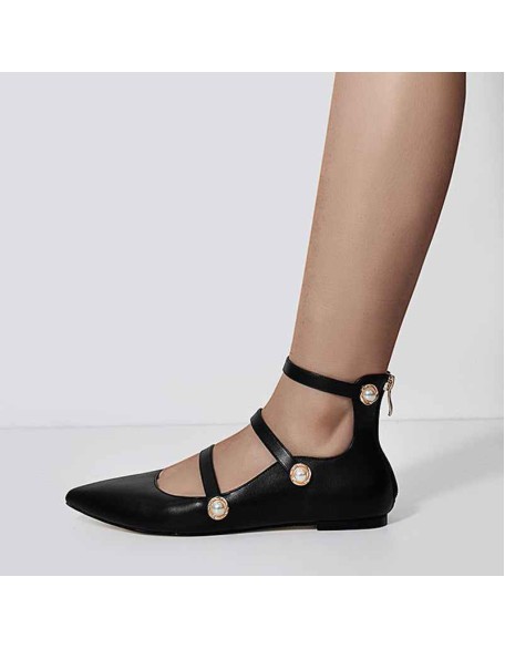 Pointed Toe Pearl Strap Zipper Flat Pumps