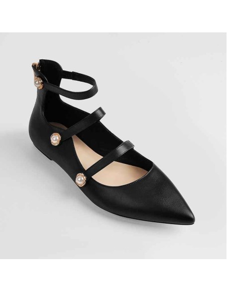 Pointed Toe Pearl Strap Zipper Flat Pumps