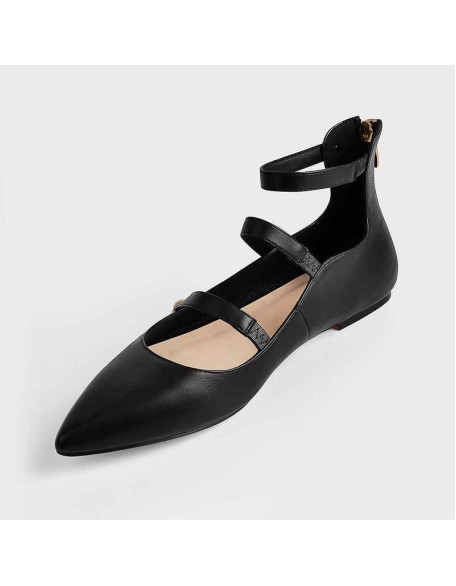 Pointed Toe Pearl Strap Zipper Flat Pumps