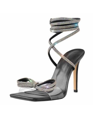Square Toe Clear Band Diamante Bow Rhinestone Lace Up Sandals