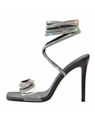 Square Toe Clear Band Diamante Bow Rhinestone Lace Up Sandals