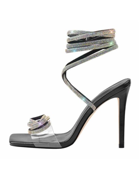 Square Toe Clear Band Diamante Bow Rhinestone Lace Up Sandals