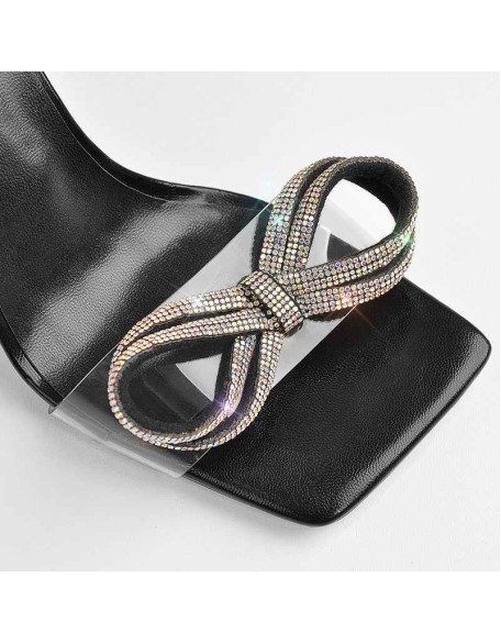 Square Toe Clear Band Diamante Bow Rhinestone Lace Up Sandals