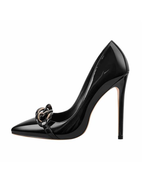 Black Pointed Toe Metal Chain Stiletto Pumps