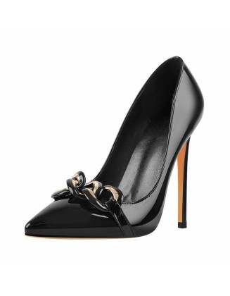 Black Pointed Toe Metal Chain Stiletto Pumps