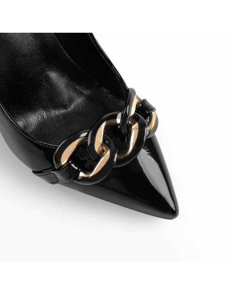 Black Pointed Toe Metal Chain Stiletto Pumps