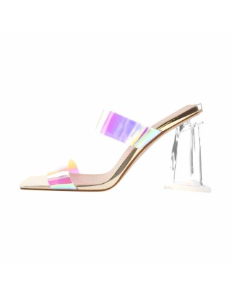 Square Toe Clear Band Slip On Chunky Heel Sandals Mules