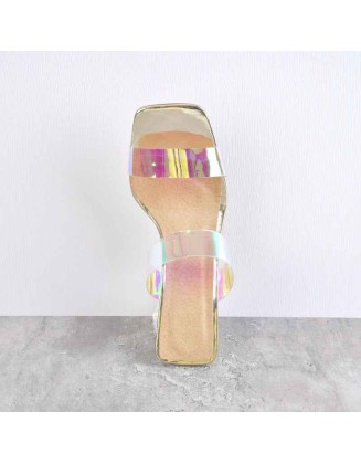 Square Toe Clear Band Slip On Chunky Heel Sandals Mules