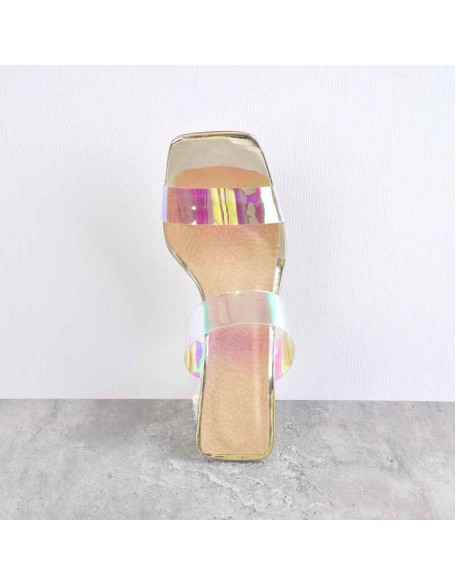 Square Toe Clear Band Slip On Chunky Heel Sandals Mules