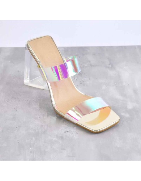Square Toe Clear Band Slip On Chunky Heel Sandals Mules