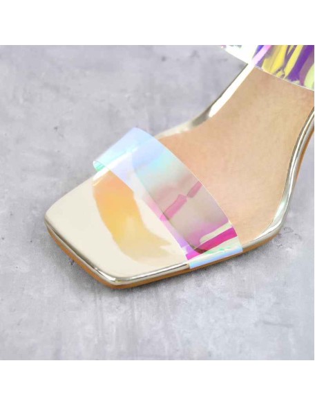 Square Toe Clear Band Slip On Chunky Heel Sandals Mules